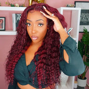 Color Curly Burgundy (99J) 13X4 & 13x6  Lace Front  Wigs