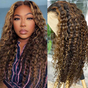 Honey Blonde Highlight P1b/30 P4/27 Curly 4x4 Lace Closure  Wigs